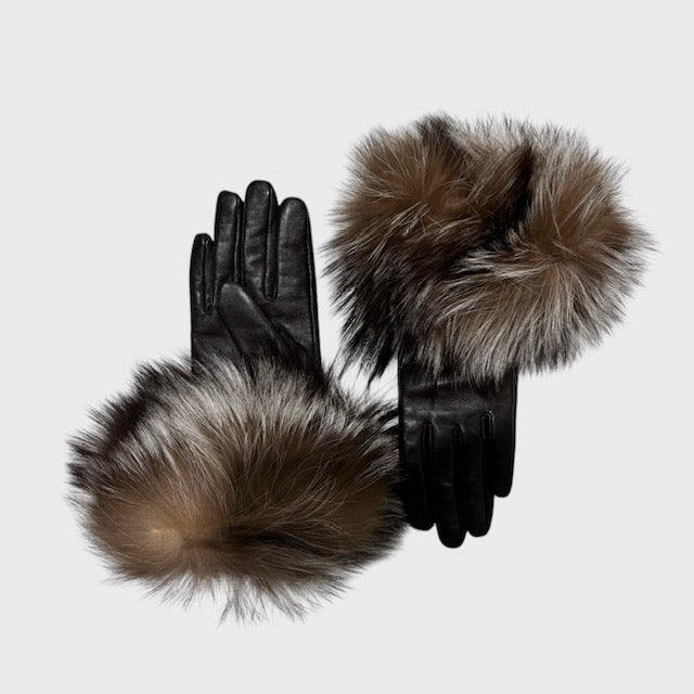 Dark Brown Leather Gloves with Fox Trim
