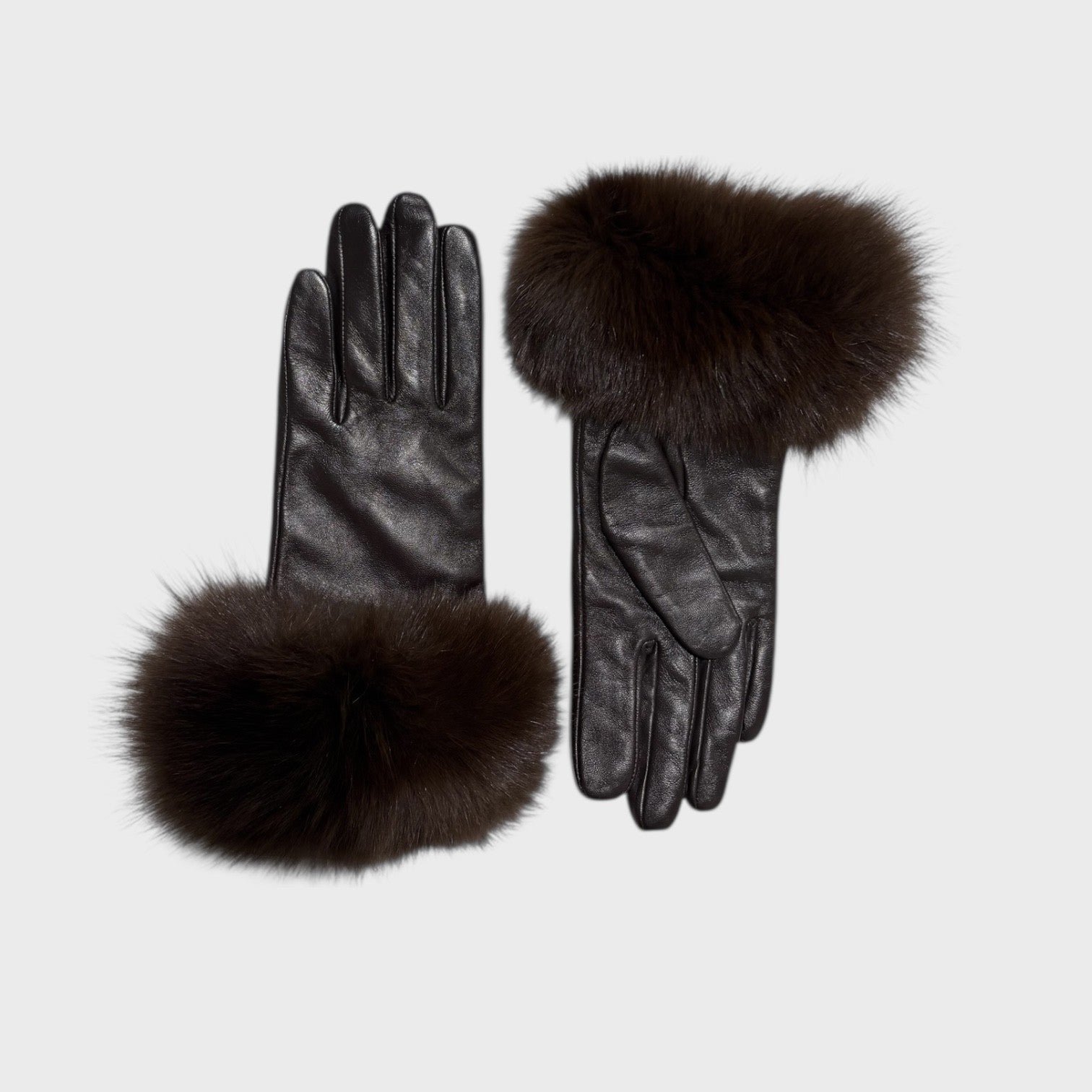 Dark Brown Leather Gloves with Fox Trim