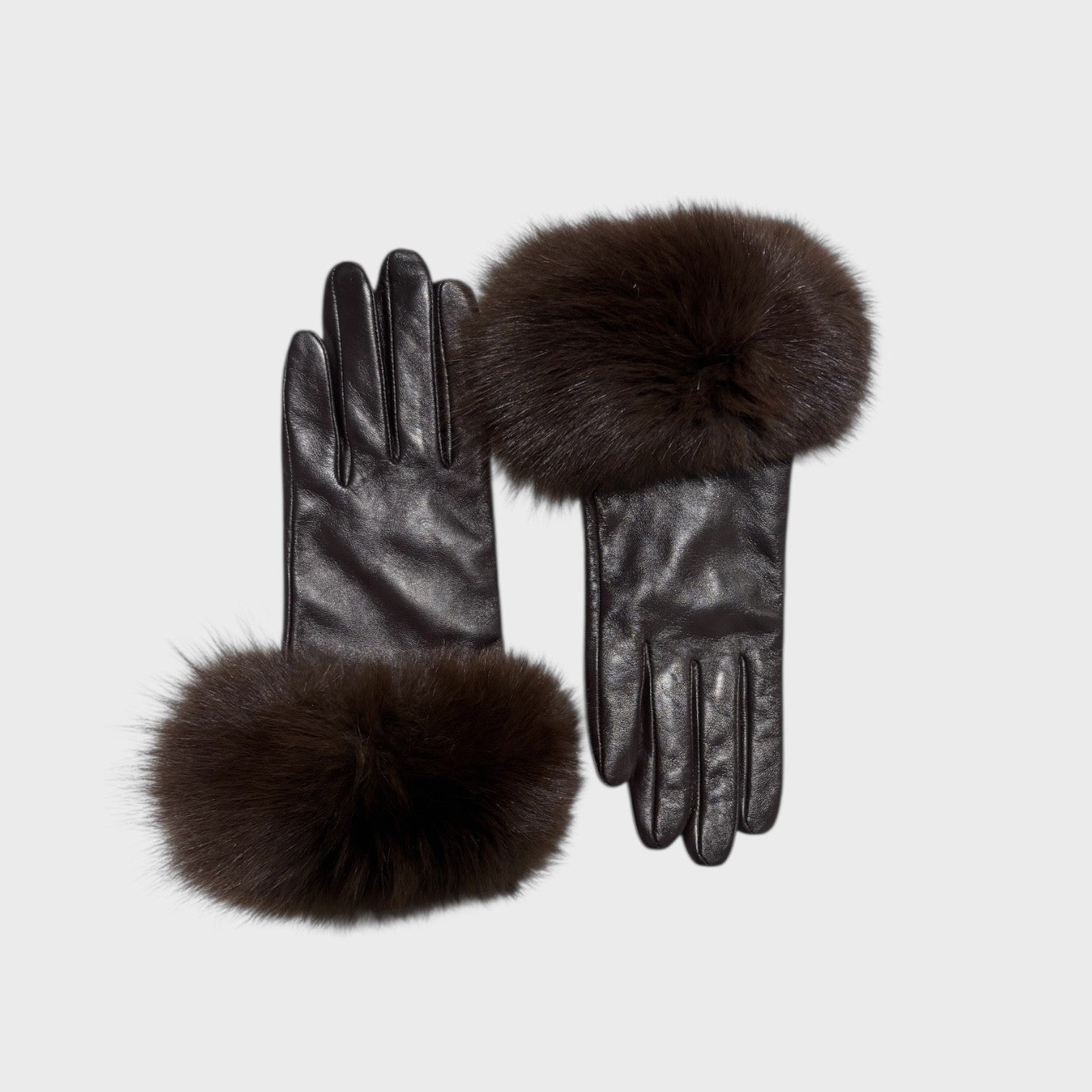 Dark Brown Leather Gloves with Fox Trim