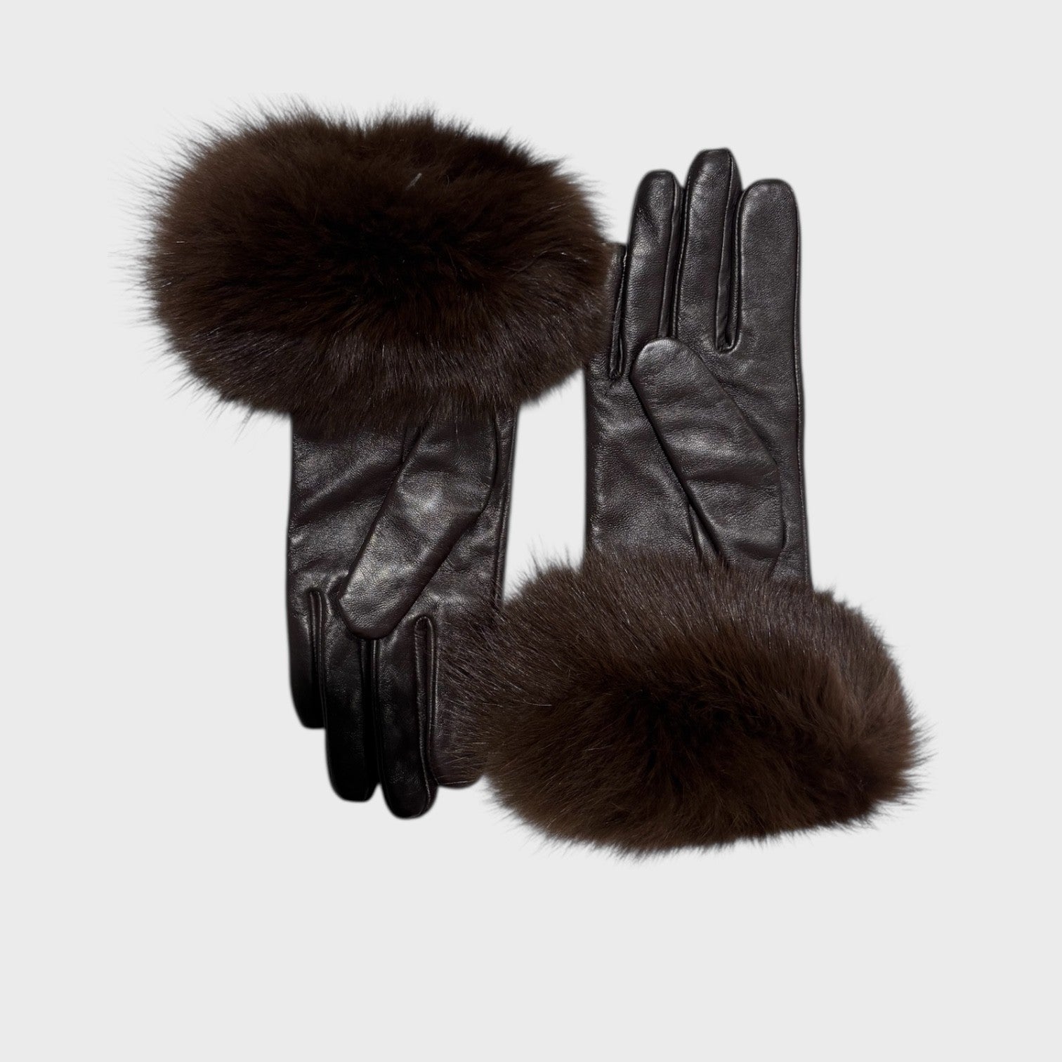 Dark Brown Leather Gloves with Fox Trim