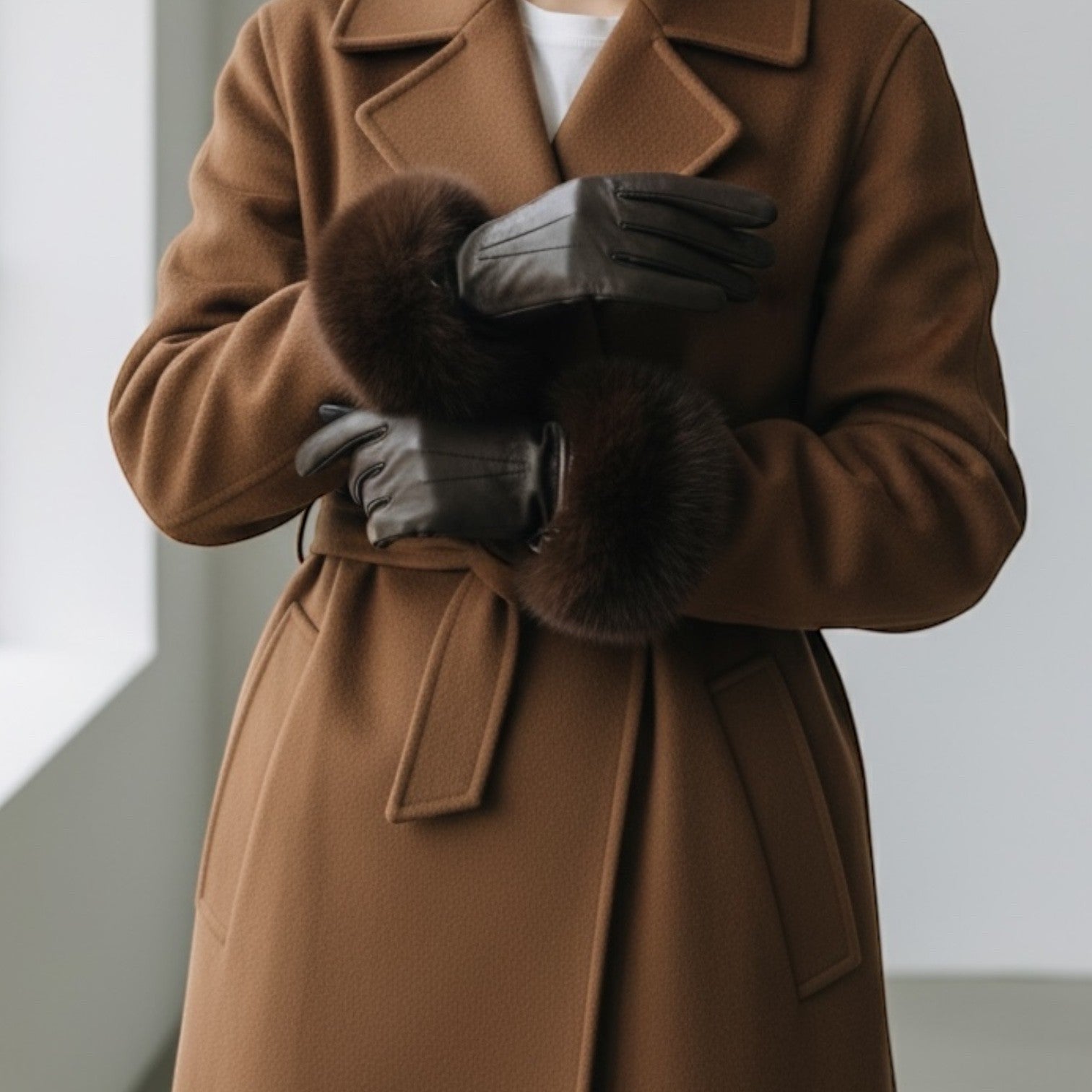 Dark Brown Leather Gloves with Fox Trim