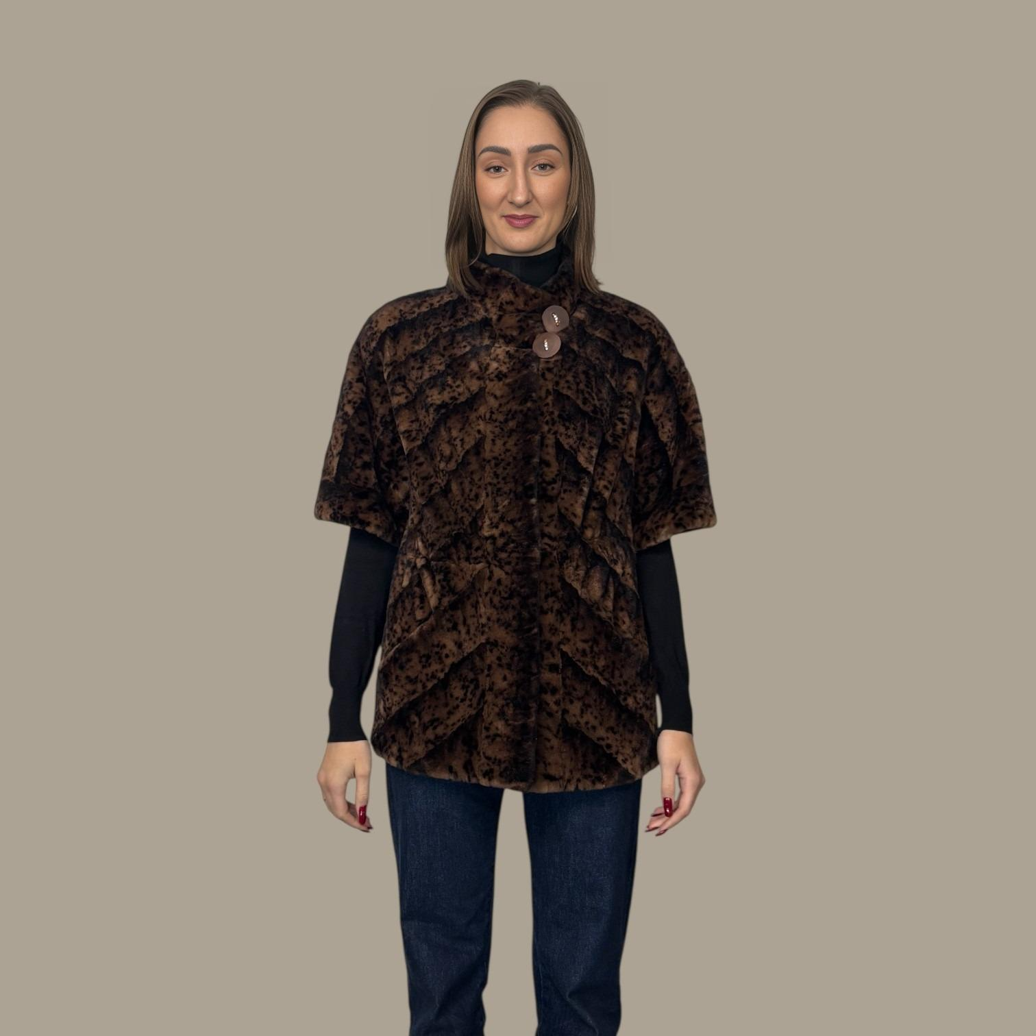 Demi Buff Sheared with Animal Print Mink Section Jacket - Capelet Style Sleeves