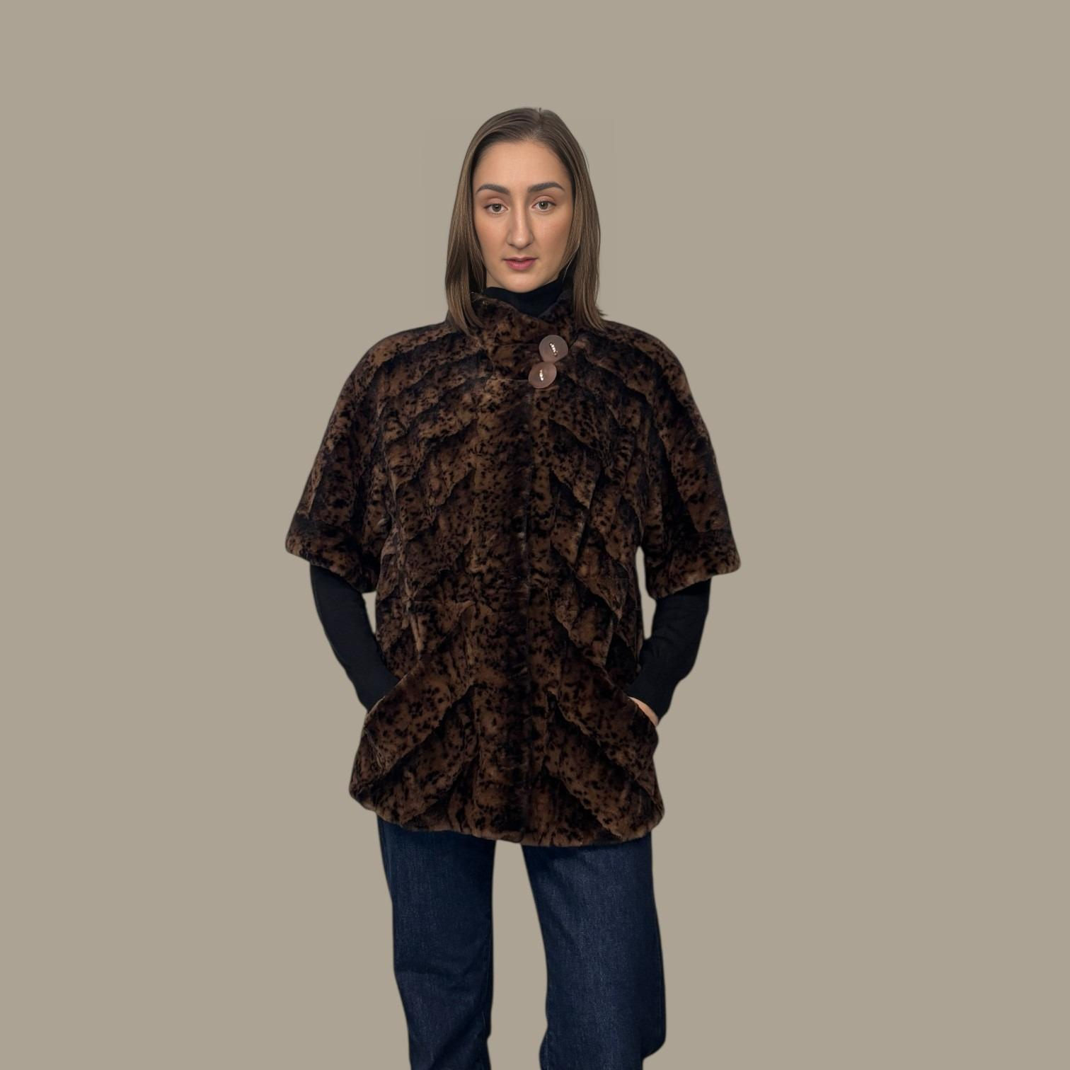 Demi Buff Sheared with Animal Print Mink Section Jacket - Capelet Style Sleeves
