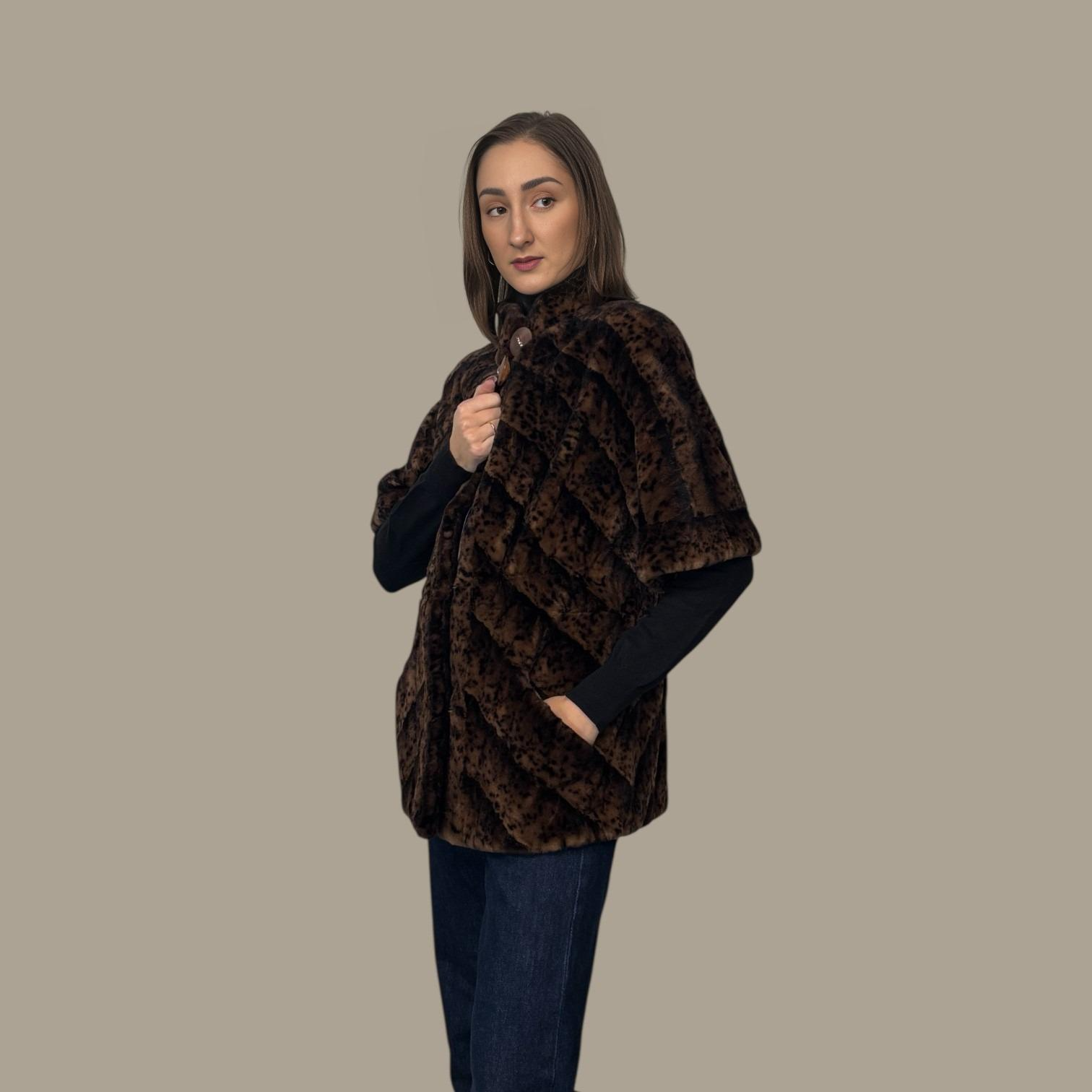 Demi Buff Sheared with Animal Print Mink Section Jacket - Capelet Style Sleeves