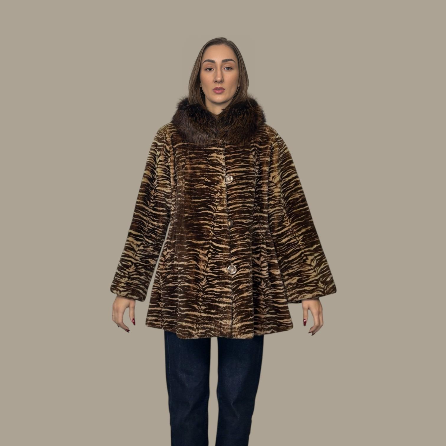 Copper Dyed Sheared Beaver Jacket - Zebra Print -Fox Collar