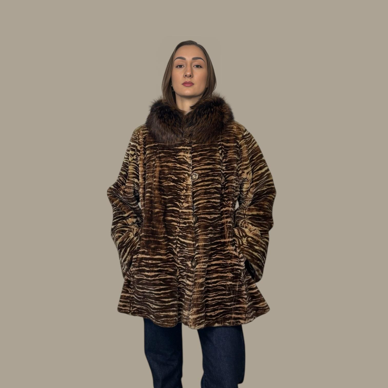 Copper Dyed Sheared Beaver Jacket - Zebra Print -Fox Collar