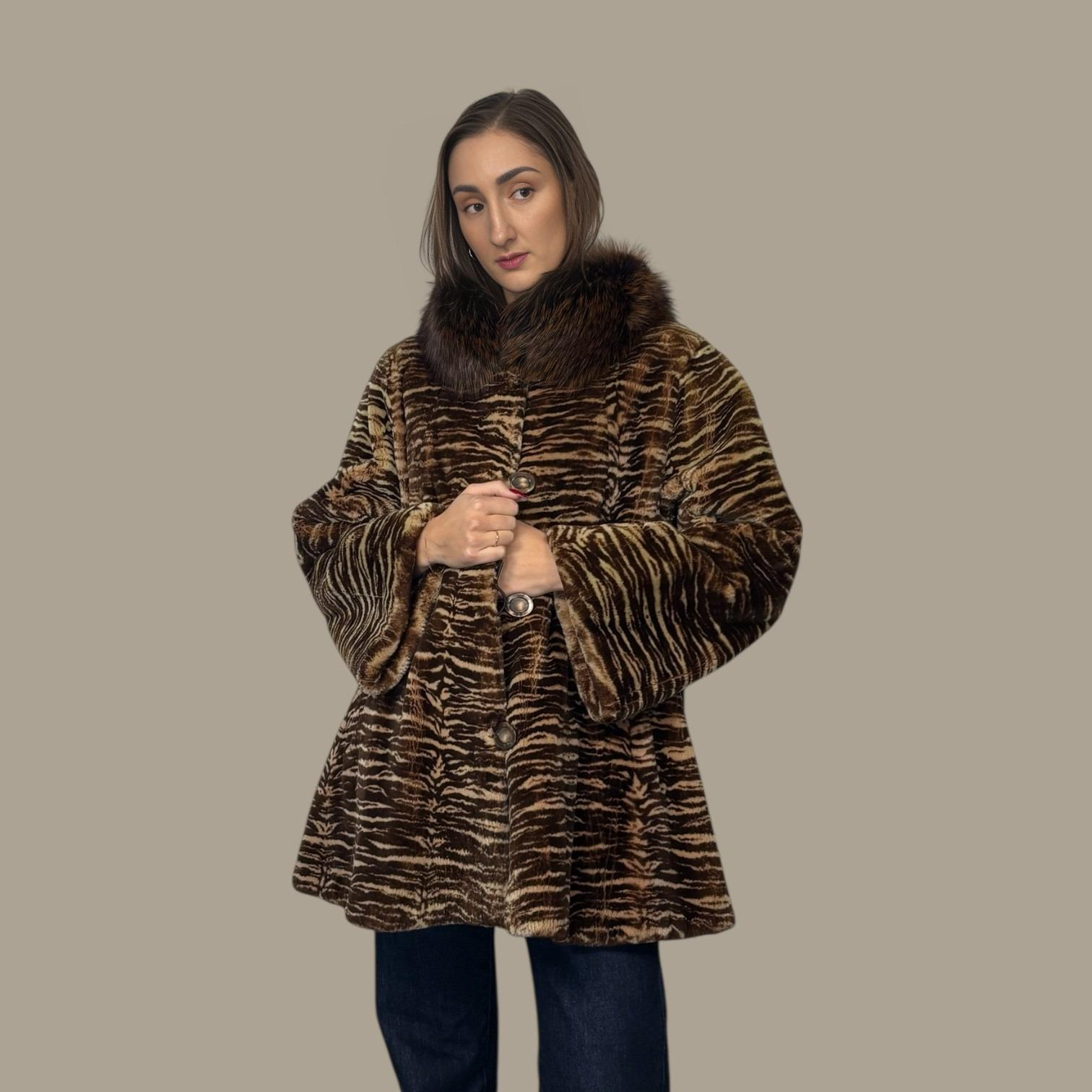 Copper Dyed Sheared Beaver Jacket - Zebra Print -Fox Collar