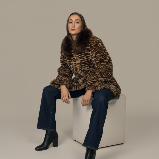 Copper Dyes Sheared Beaver Jacket - Zebra Print -Fox Collar