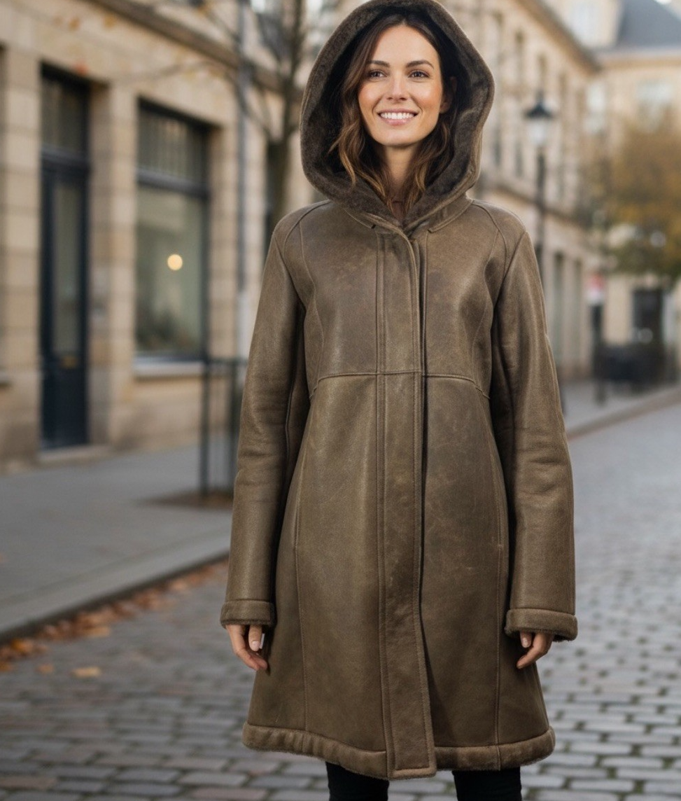 Brown Merino Shearling Hooded Jacket
